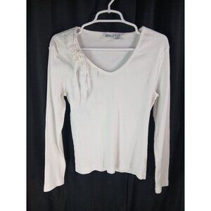 Vintage Together White Ribbed Cotton Long Sleeve Top Lace Ribbon L Cottagecore